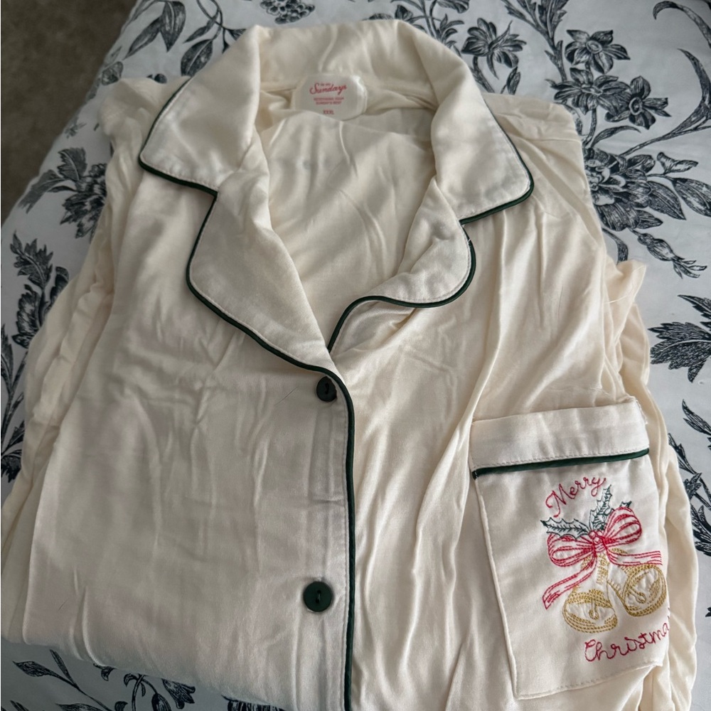 Cream Pajama Set with Green Trim